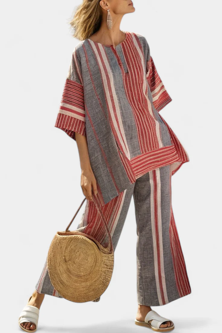 Bravine | Elegant Coral-Gray Linen Top & Wide-Leg Pants - Image 2