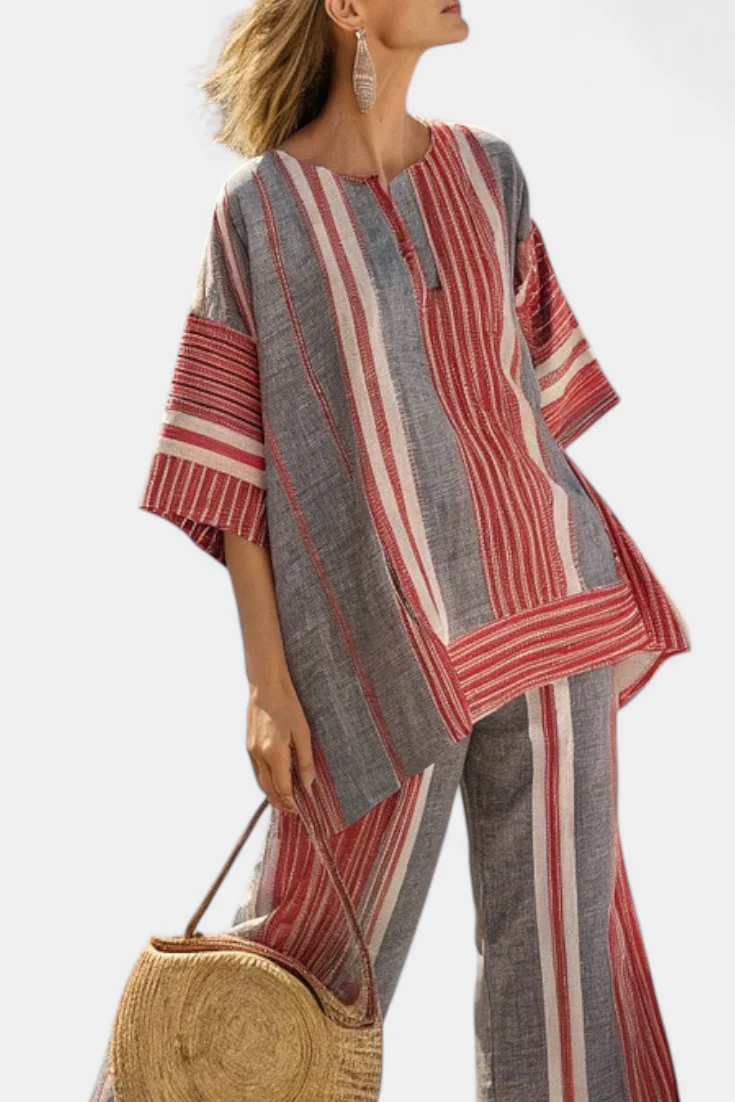 Bravine | Elegant Coral-Gray Linen Top & Wide-Leg Pants - Image 3