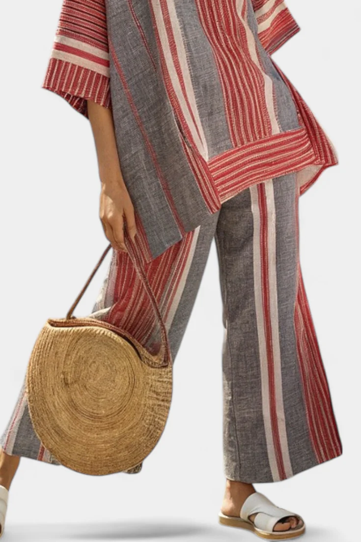 Bravine | Elegant Coral-Gray Linen Top & Wide-Leg Pants - Image 4