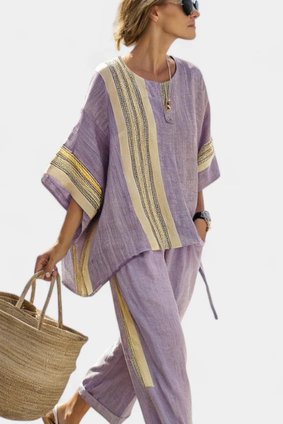 Elowric | Elegant Lavender Top & Mustard Striped Pants - Image 2