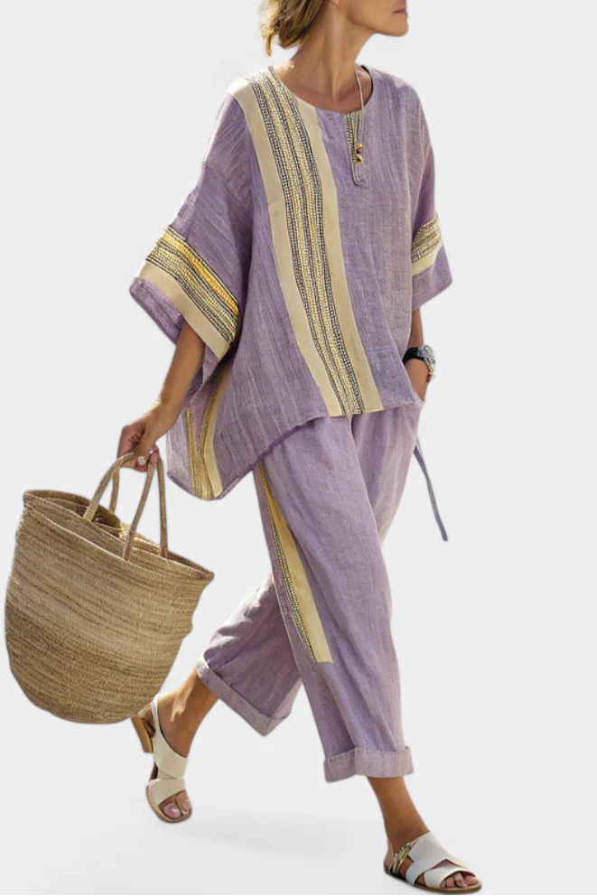 Elowric | Elegant Lavender Top & Mustard Striped Pants - Image 3