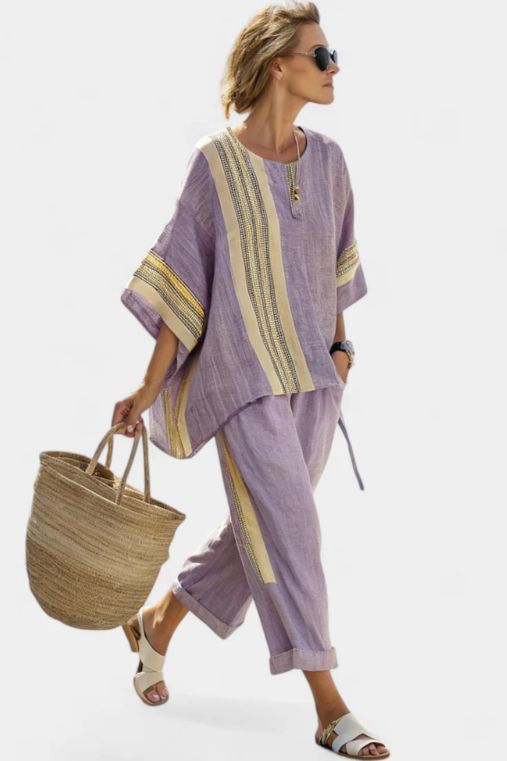 Elowric | Elegant Lavender Top & Mustard Striped Pants - Image 4