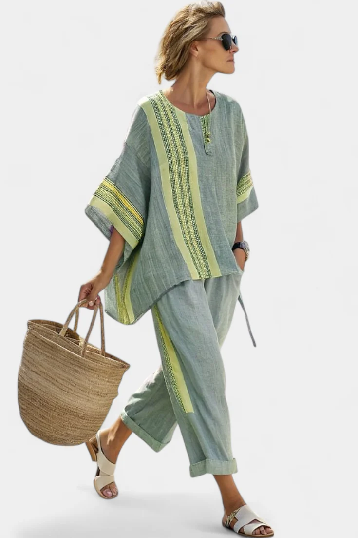 Elowric | Elegant Lavender Top & Mustard Striped Pants - Image 5