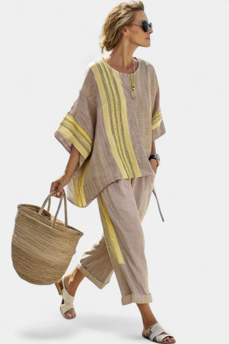 Elowric | Elegant Lavender Top & Mustard Striped Pants - Image 6