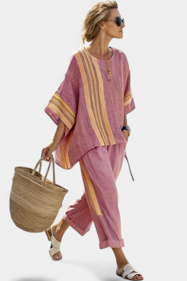 Elowric | Elegant Lavender Top & Mustard Striped Pants - Image 7