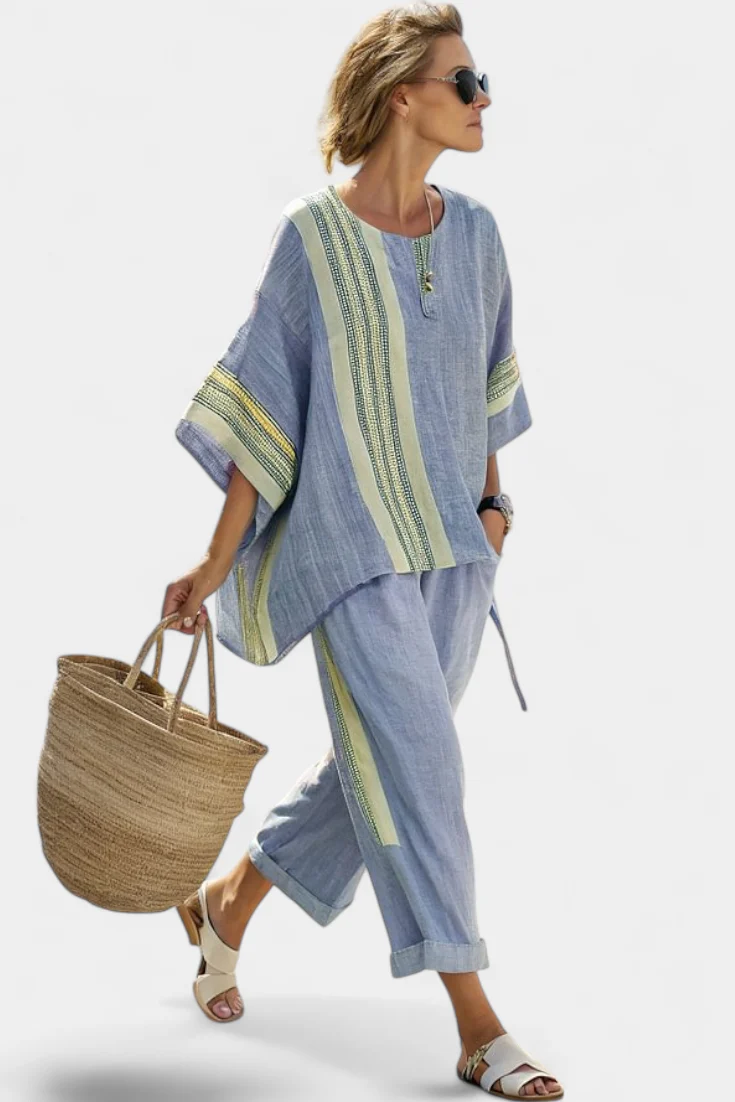 Elowric | Elegant Lavender Top & Mustard Striped Pants - Image 8