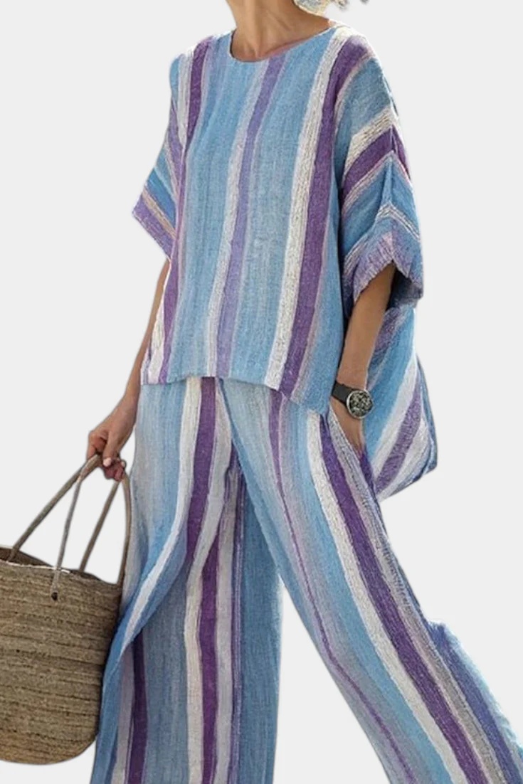 Faelith | Elegant Mauve Pastel Top & Striped Linen Pants - Image 2
