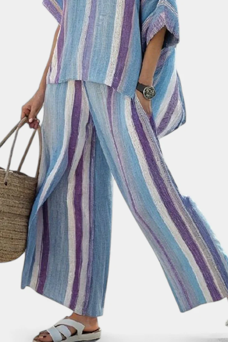 Faelith | Elegant Mauve Pastel Top & Striped Linen Pants - Image 3