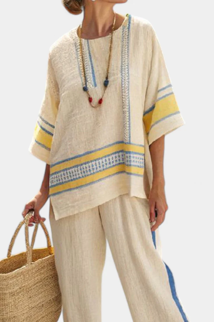 Jaxmere | Comfortable Blue-Yellow Mediterranean Top & Linen Pants - Image 2