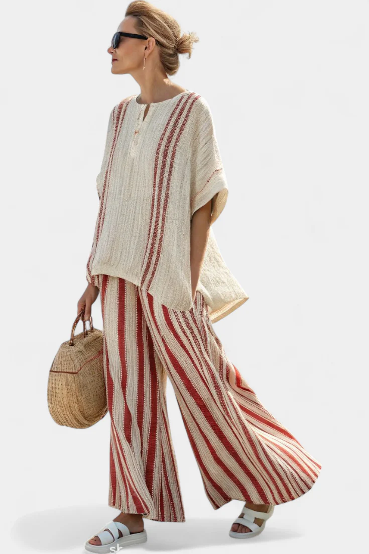 Mirella | Sophisticated Textured Red-Stripe Top & Linen Pants - Image 2