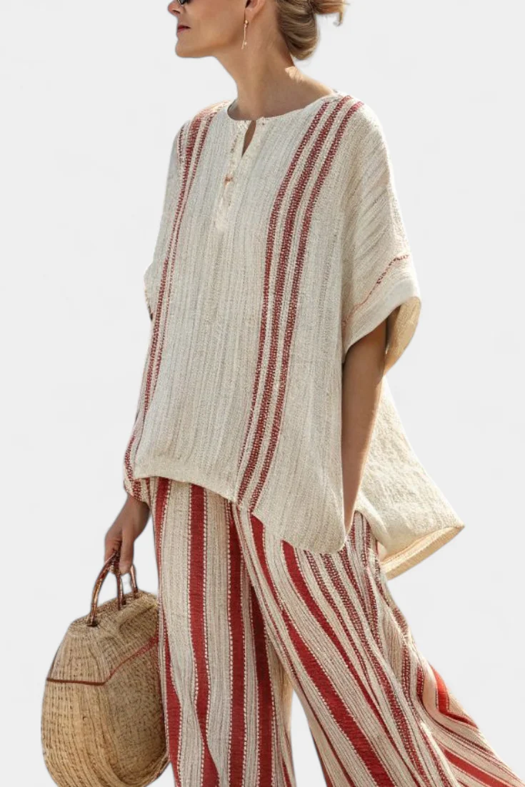 Mirella | Sophisticated Textured Red-Stripe Top & Linen Pants - Image 3