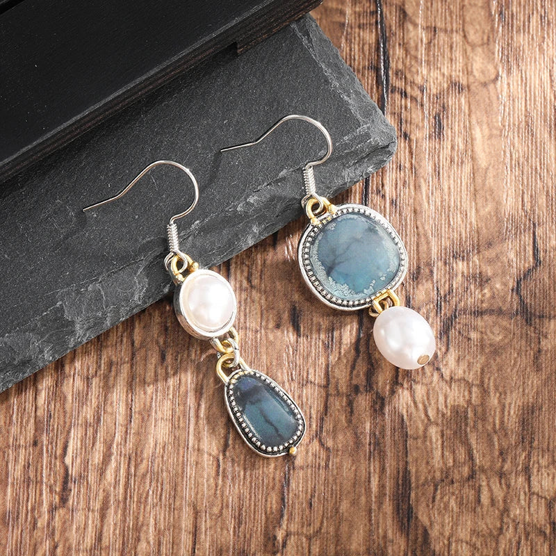 Retro Blue Natural Stone Earrings - Image 2