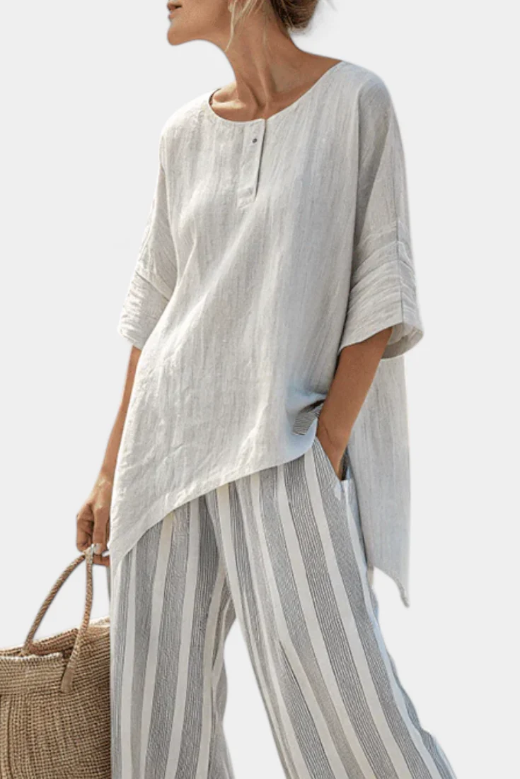 Talvora | Elegant Asymmetrical Blouse & Striped Pants - Image 2