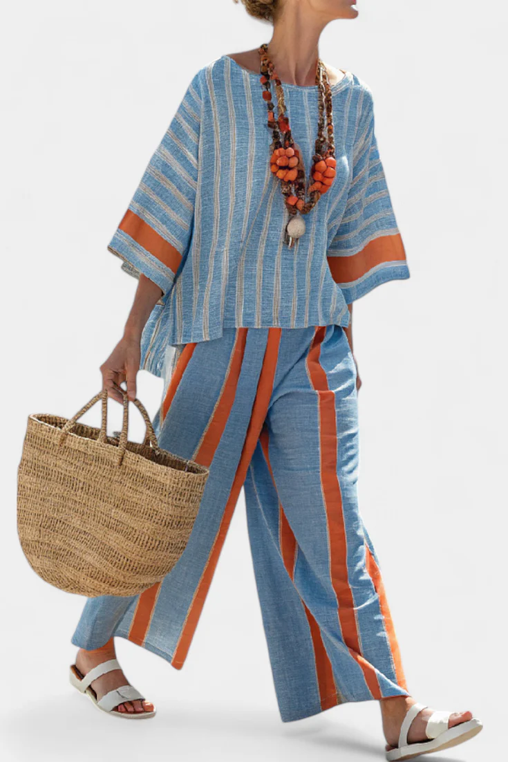 Velmere | Sophisticated Terracotta Striped Top & Linen Pants - Image 2