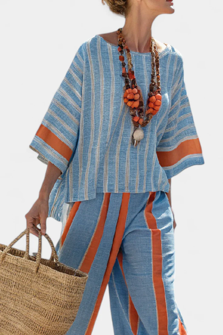 Velmere | Sophisticated Terracotta Striped Top & Linen Pants - Image 3