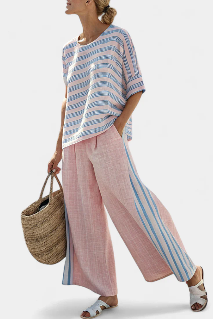 Virella | Elegant Pink-Blue Linen Blouse & Soft Pants - Image 2