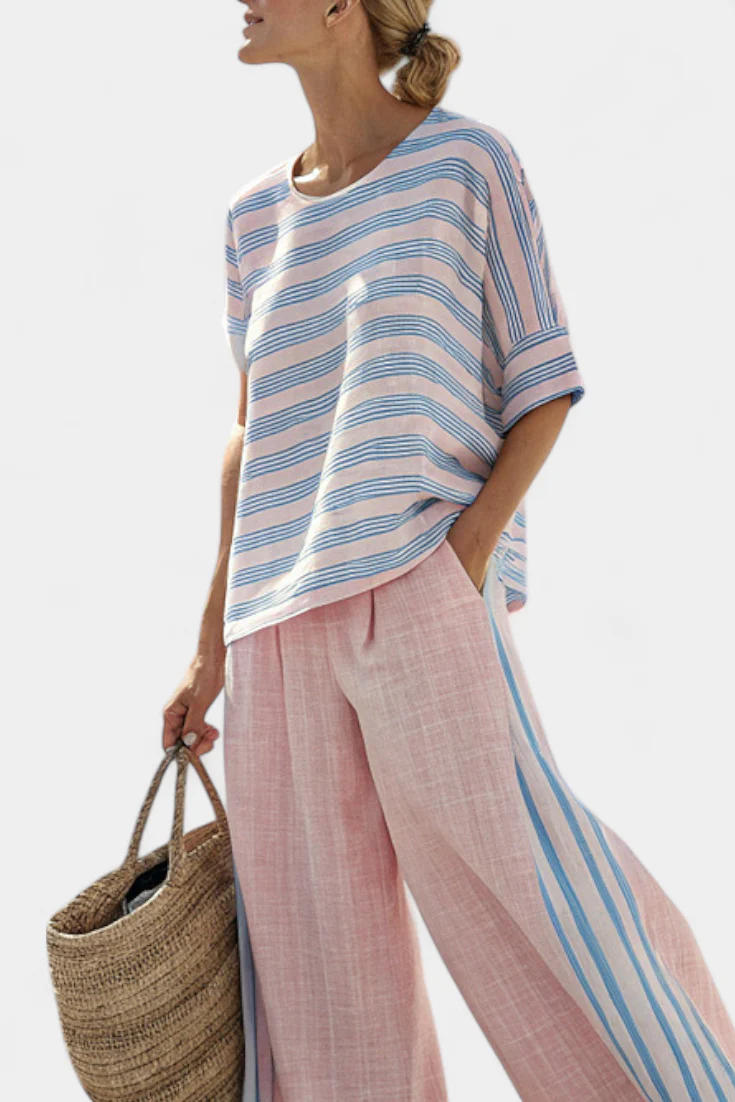 Virella | Elegant Pink-Blue Linen Blouse & Soft Pants - Image 3