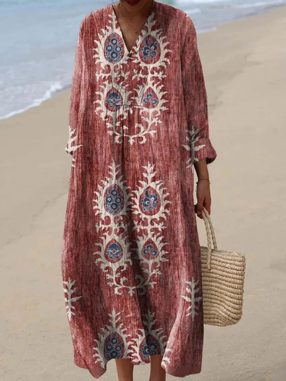 Women's Vintage Ethnic Floral Art Print Dress - Image 2