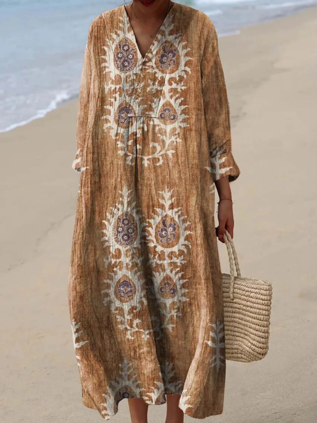 Women's Vintage Ethnic Floral Art Print Dress - Image 3